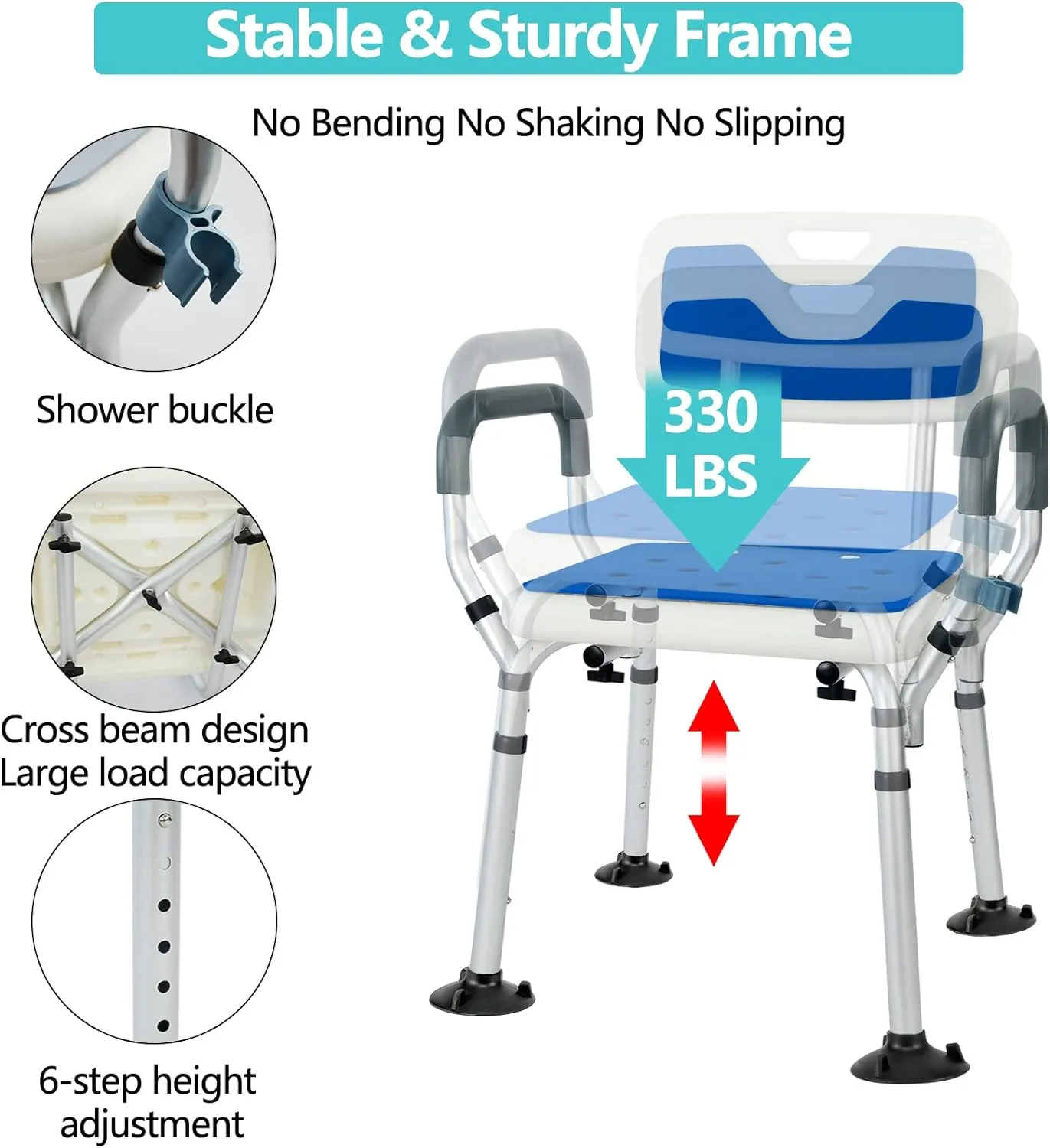 NEW Weliday Height Adjustable Shower Chair Bathtub Chair Aluminum Shower Stool with Back, Arms and Two Kinds of Footpads Suitable for Disabled, Pregnant Woman, Elderly, Retails $80 