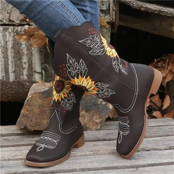 NEW Women's Sunflower Cowgirl Boots, Square Toe Western Embroidery Mid Calf