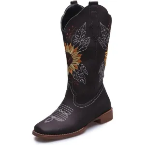 NEW Women's Sunflower Cowgirl Boots, Square Toe Western Embroidery Mid Calf