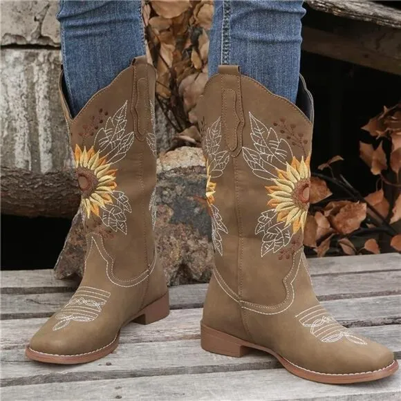 NEW Women's Sunflower Cowgirl Boots, Square Toe Western Embroidery Mid Calf