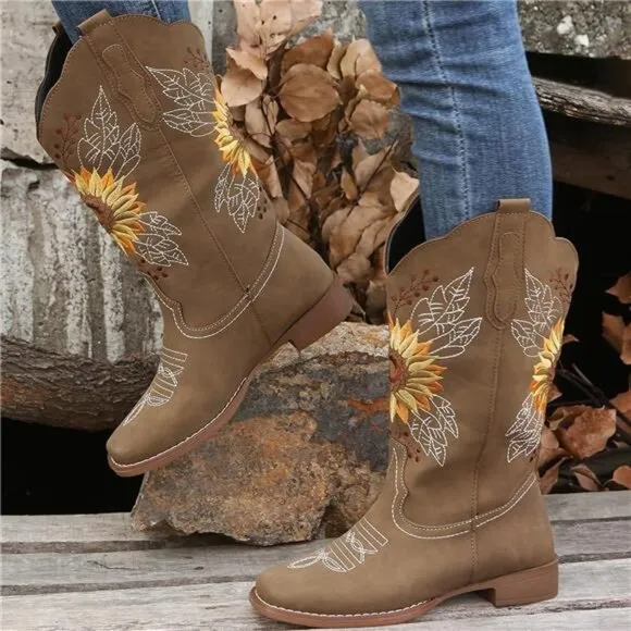 NEW Women's Sunflower Cowgirl Boots, Square Toe Western Embroidery Mid Calf