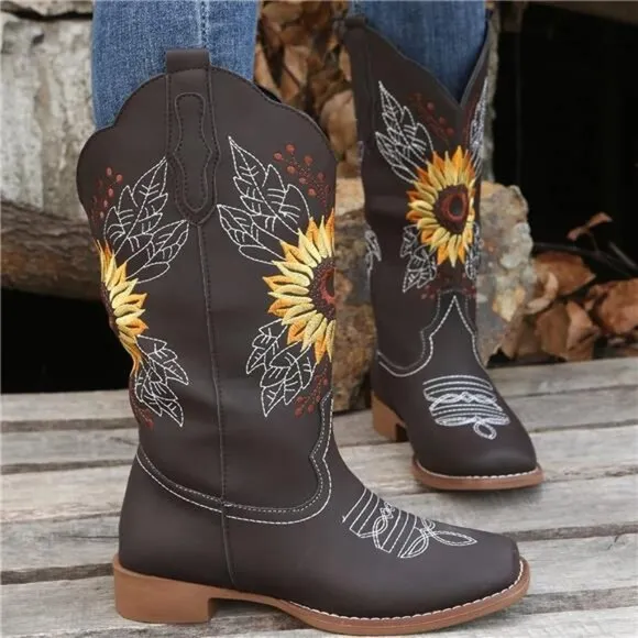 NEW Women's Sunflower Cowgirl Boots, Square Toe Western Embroidery Mid Calf