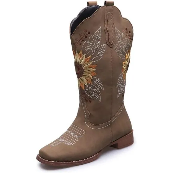 NEW Women's Sunflower Cowgirl Boots, Square Toe Western Embroidery Mid Calf
