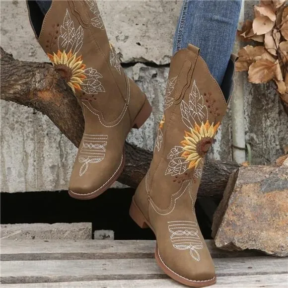 NEW Women's Sunflower Cowgirl Boots, Square Toe Western Embroidery Mid Calf