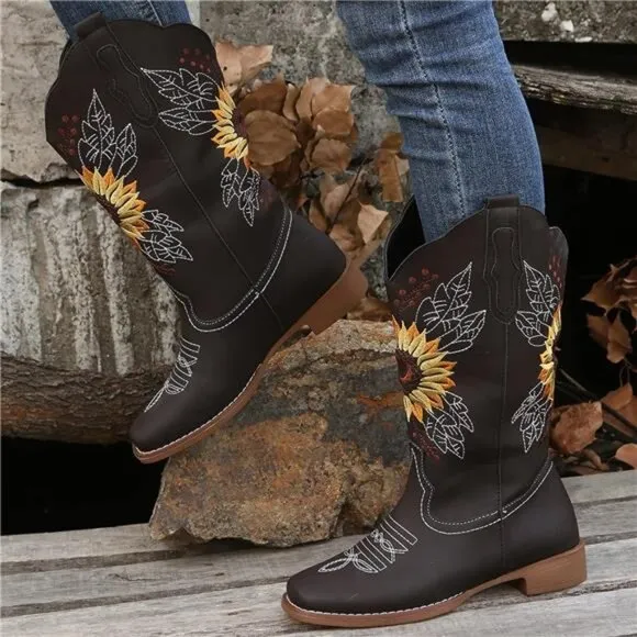 NEW Women's Sunflower Cowgirl Boots, Square Toe Western Embroidery Mid Calf