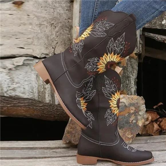 NEW Women's Sunflower Cowgirl Boots, Square Toe Western Embroidery Mid Calf