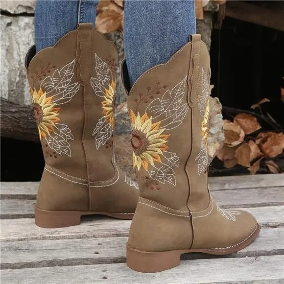 NEW Women's Sunflower Cowgirl Boots, Square Toe Western Embroidery Mid Calf
