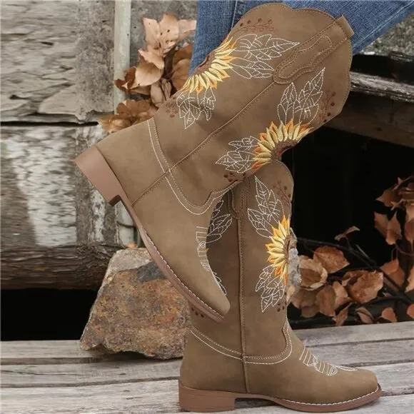NEW Women's Sunflower Cowgirl Boots, Square Toe Western Embroidery Mid Calf