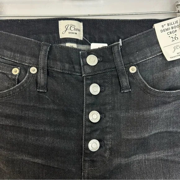 NWT J. Crew 9&quot; Billie Denim Boot Crop Black Charcoal Button Fly Jeans Size 26