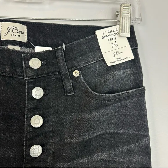 NWT J. Crew 9&quot; Billie Denim Boot Crop Black Charcoal Button Fly Jeans Size 26