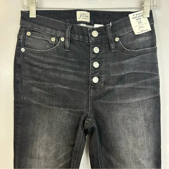 NWT J. Crew 9&quot; Billie Denim Boot Crop Black Charcoal Button Fly Jeans Size 26