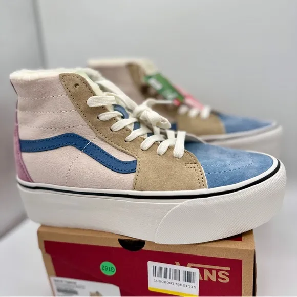 NWT Vans Sk8 Hi Pig Suede Multi Sherpa platform sneakers pink blue tan unisex​