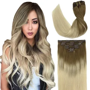 Ombre Ash Brown to Platinum Blonde 7pcs 120g Clip in Human Hair Extensions