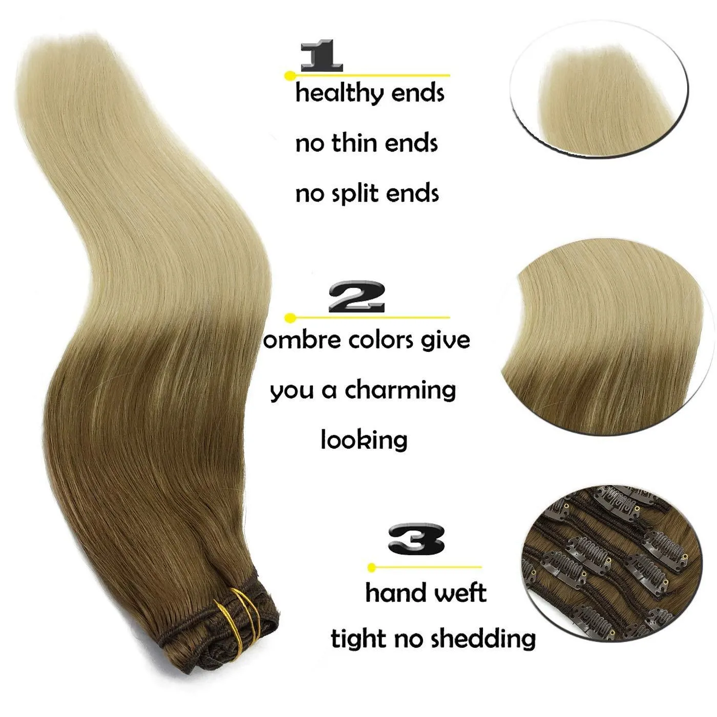 Ombre Ash Brown to Platinum Blonde 7pcs 120g Clip in Human Hair Extensions