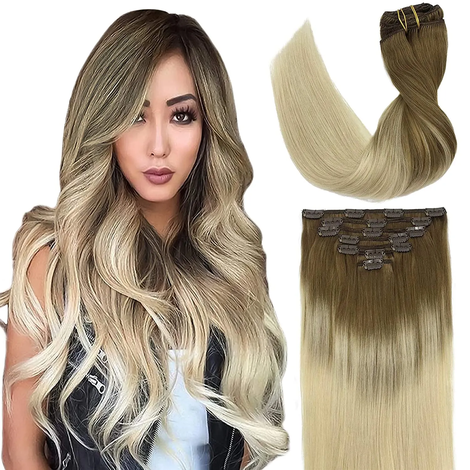 Ombre Ash Brown to Platinum Blonde 7pcs 120g Clip in Human Hair Extensions