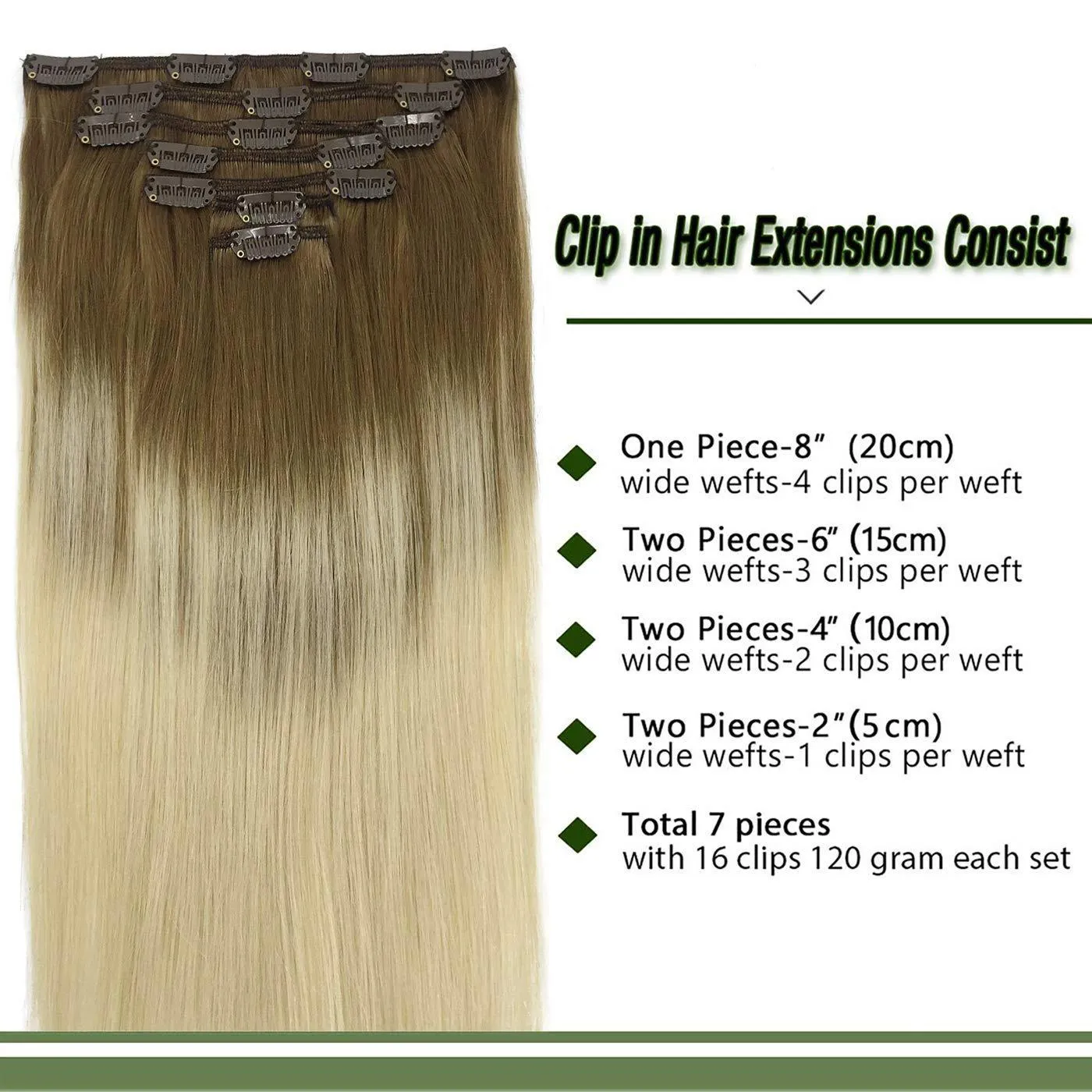Ombre Ash Brown to Platinum Blonde 7pcs 120g Clip in Human Hair Extensions