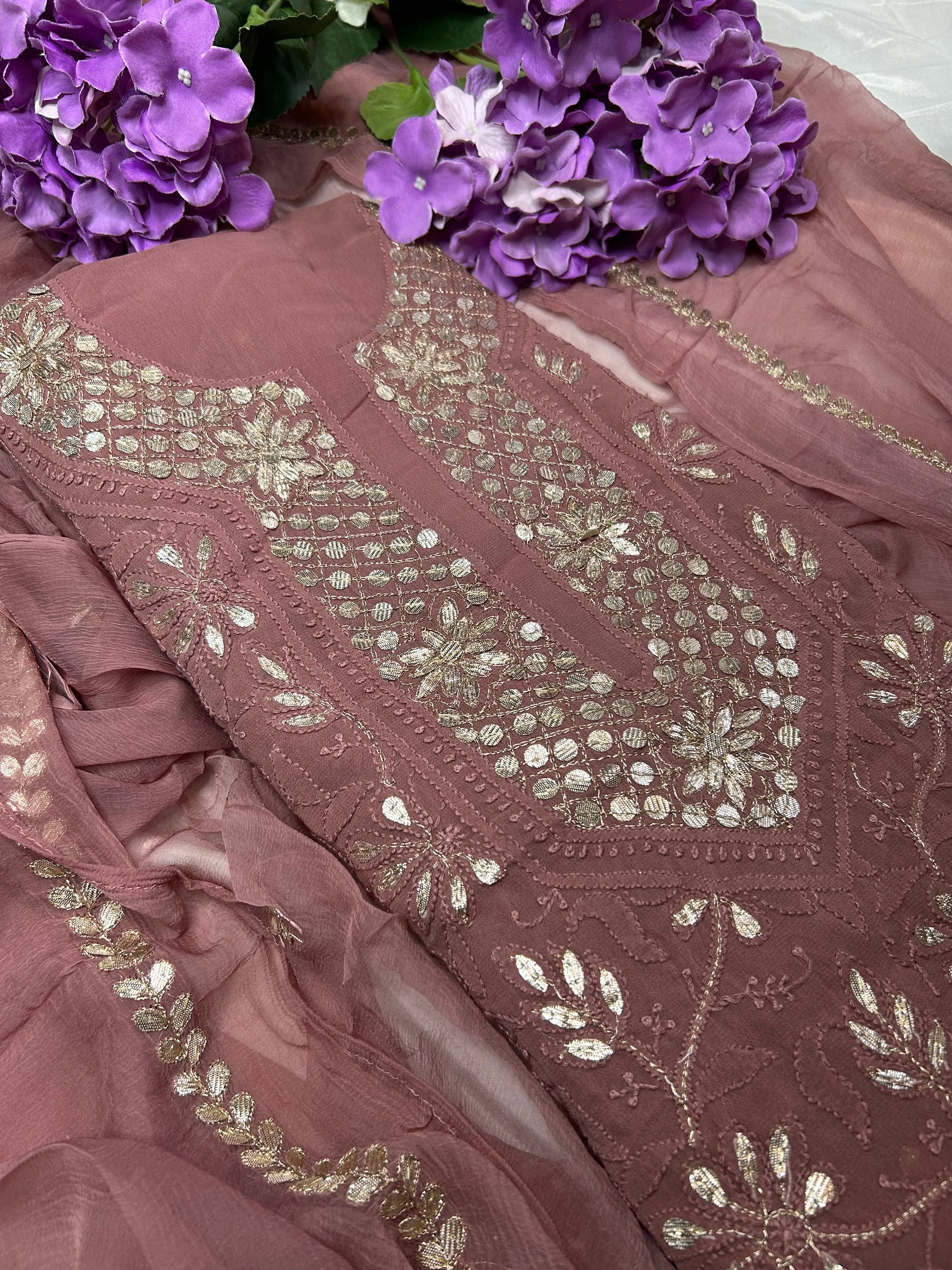Onion colour Lakhnawi Chikankari Gota work Salwar Suit set unstitched fabric material