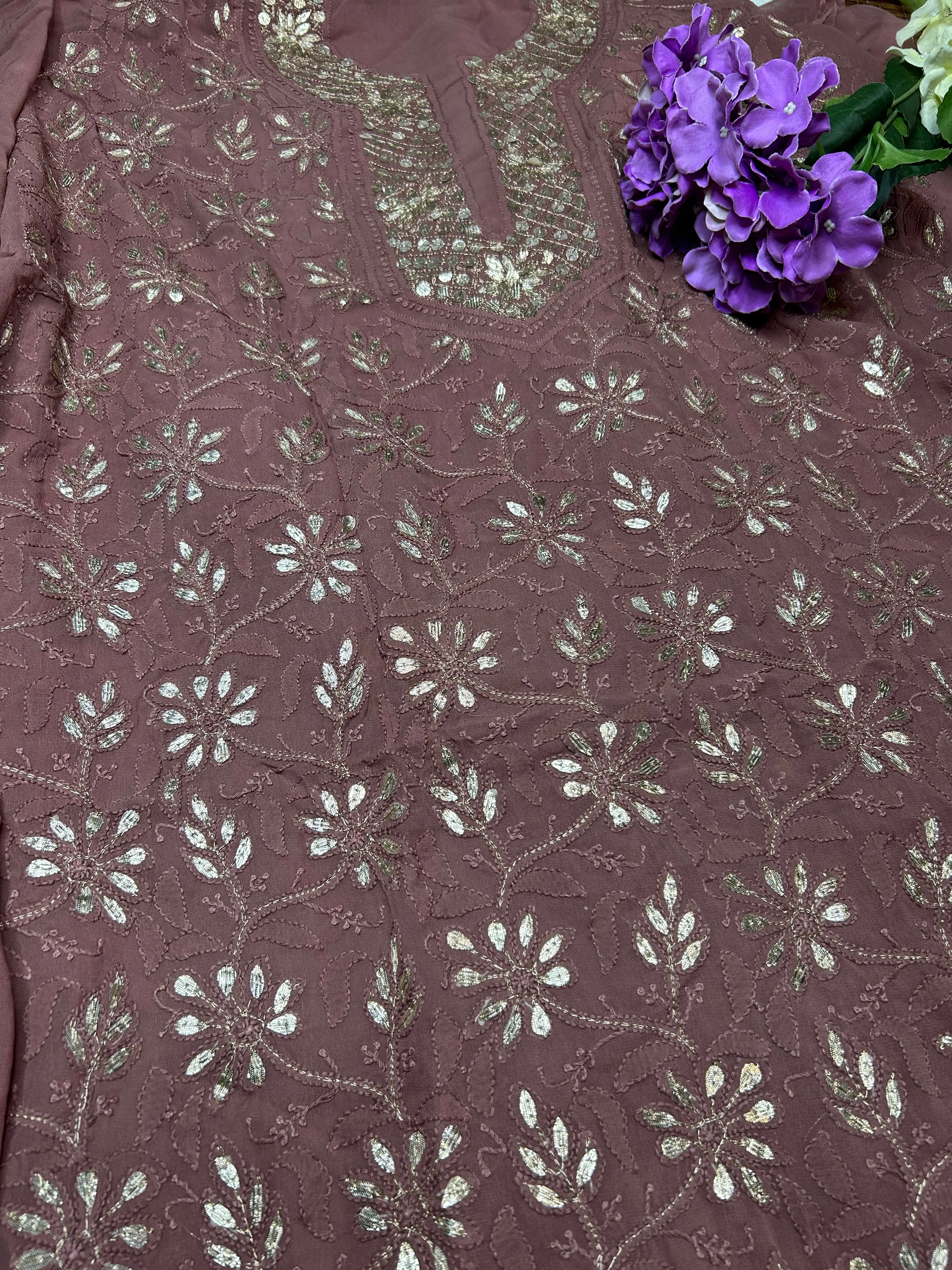 Onion colour Lakhnawi Chikankari Gota work Salwar Suit set unstitched fabric material