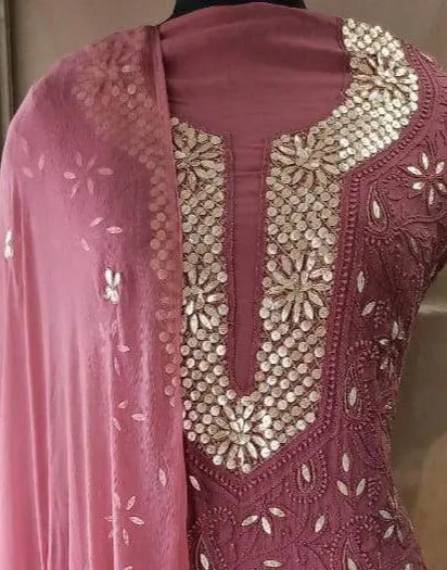 Onion colour Lakhnawi Chikankari Gota work Salwar Suit set unstitched fabric material