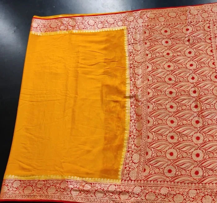 Orange-Red Meenakari Banarasi Chiffon Saree for Party