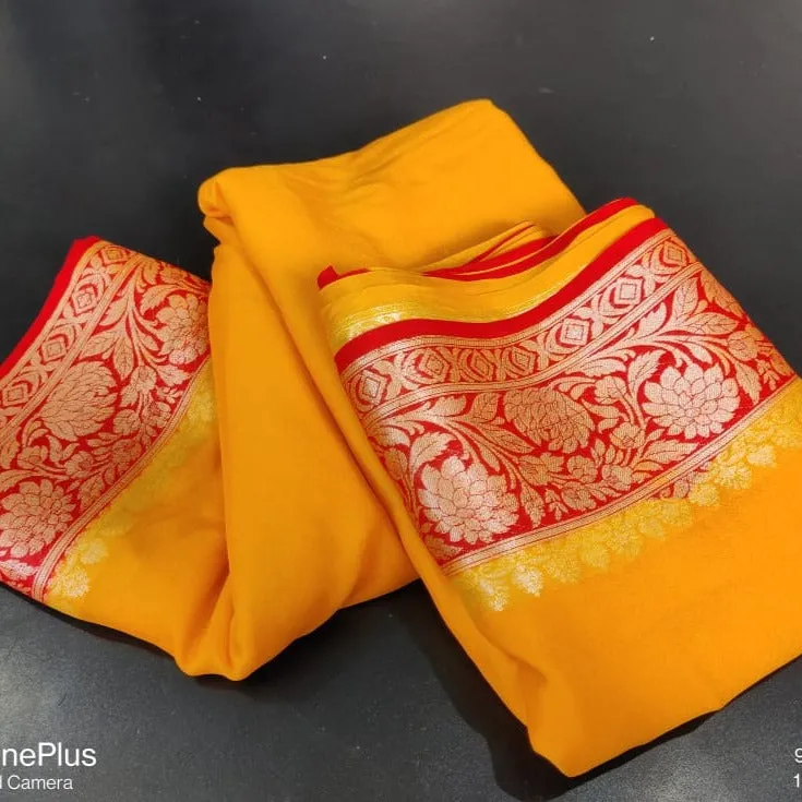 Orange-Red Meenakari Banarasi Chiffon Saree for Party
