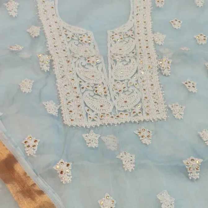 Organza Lucknowi Chinkari Salwar Suit Pastel Blue