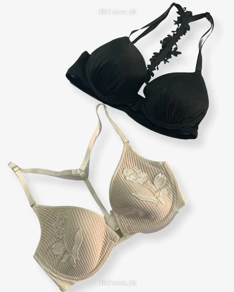 Pack of 2 - Front Open Bra with Button - Soft Padded  Underwired Bra Imported Stocklot Branded Front Open Bra