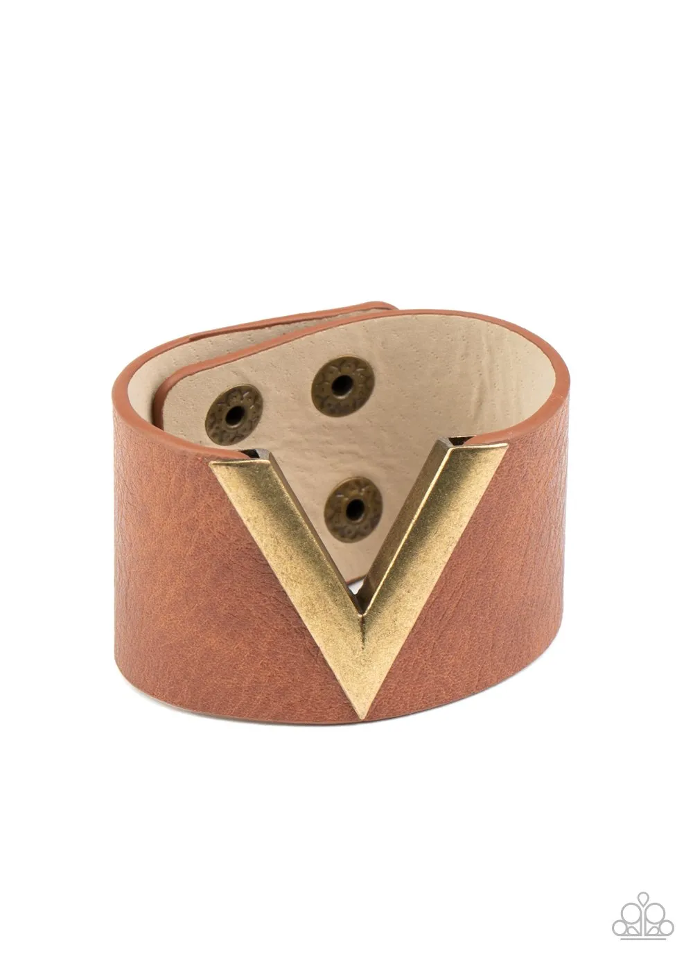 Paparazzi " Claws Out " Brown Tan LEATHER & Brass " V " Victory Snap Bracelet