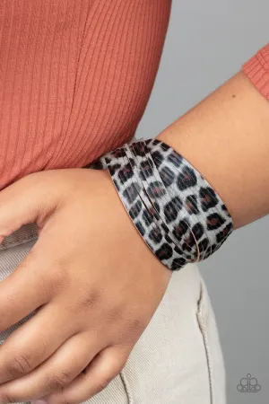 Paparazzi "Hey Gurrl" Black & Gray LEATHER Cheetah Animal Print Snap Band Bracelet
