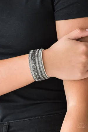 Paparazzi "Reality Rock Band" White LEATHER Gunmetal & Rhinestone Snap Band Bracelet