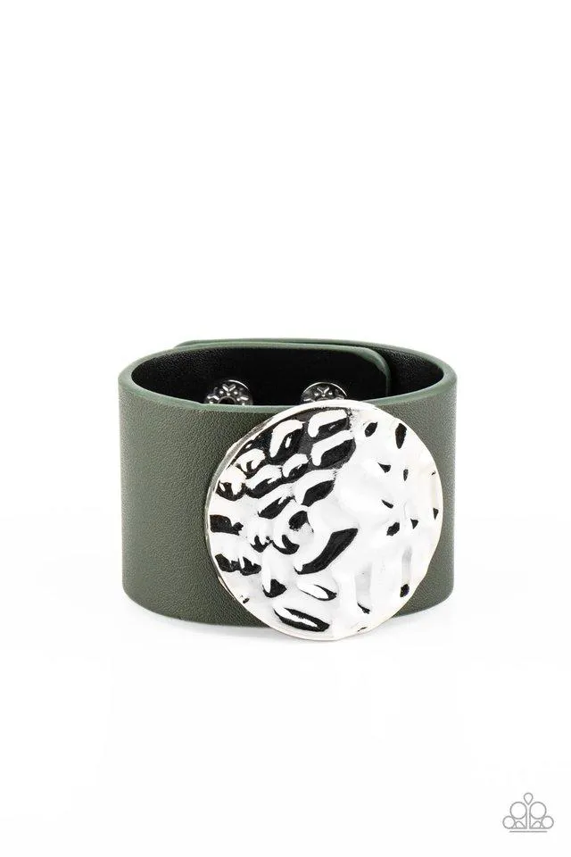 Paparazzi "The Future Looks Bright" Green LEATHER & Silver Hammered Snap Bracelet