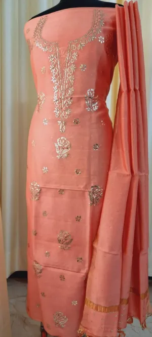 Peach Chanderi Chikankari Silk Kurti And Dupatta