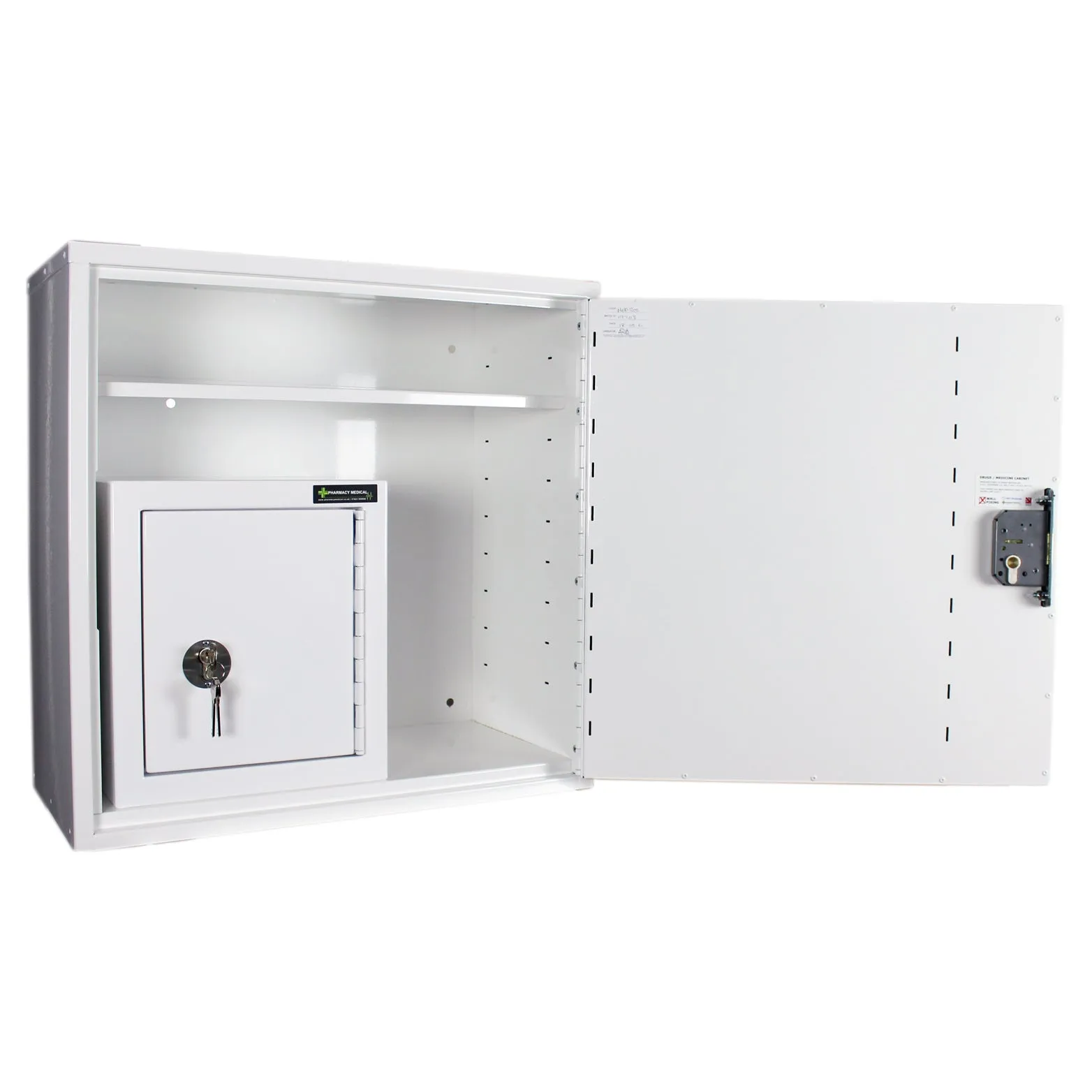 Pharmacy Medical - HECCMC200A MEDICINE / DRUGS CABINET 600 X 600 X 300mm | SINGLE DOOR, 2 FULL DEPTH SHELVES | R/H HINGE - with internal: CONTROLLED DRUGS CABINET S, M or L | 1 SHELF (Removable) | R/H HINGE