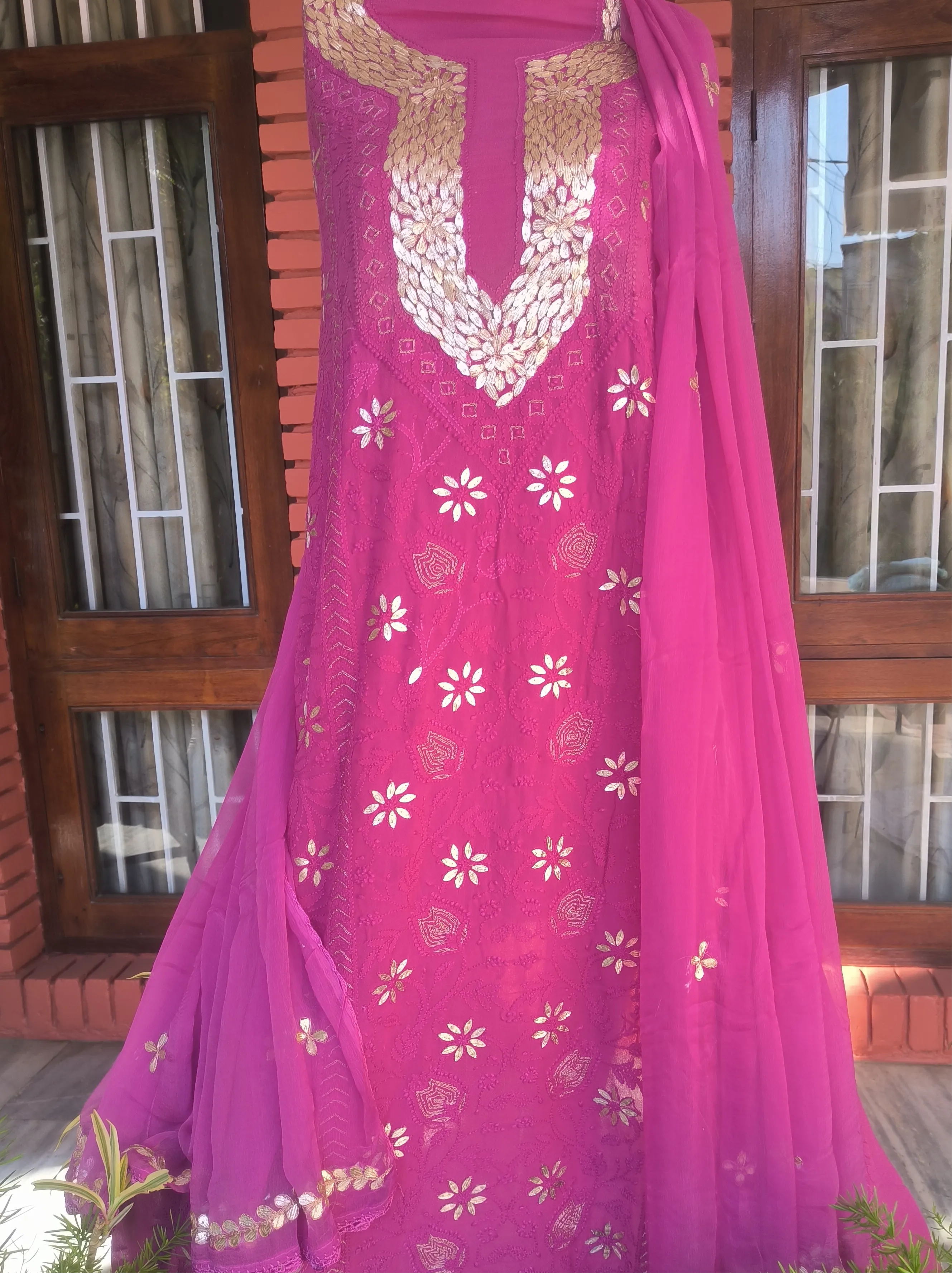 Pink Lucknowi Chikankari Gota Patti Salwar Suit(Dress Material)