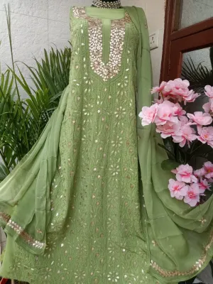 Pista Green Lakhnawi Chinkari Gota Patti Work Unstitched Salwar Suit Material