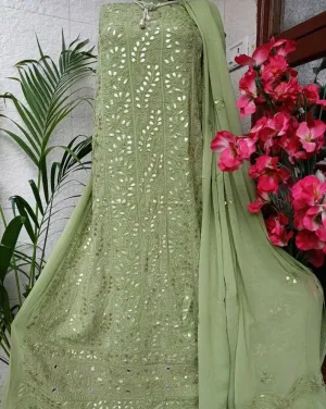 Pista Green Unique Panel Work Chinkari Gota Patti Work Unstitched Salwar Suit