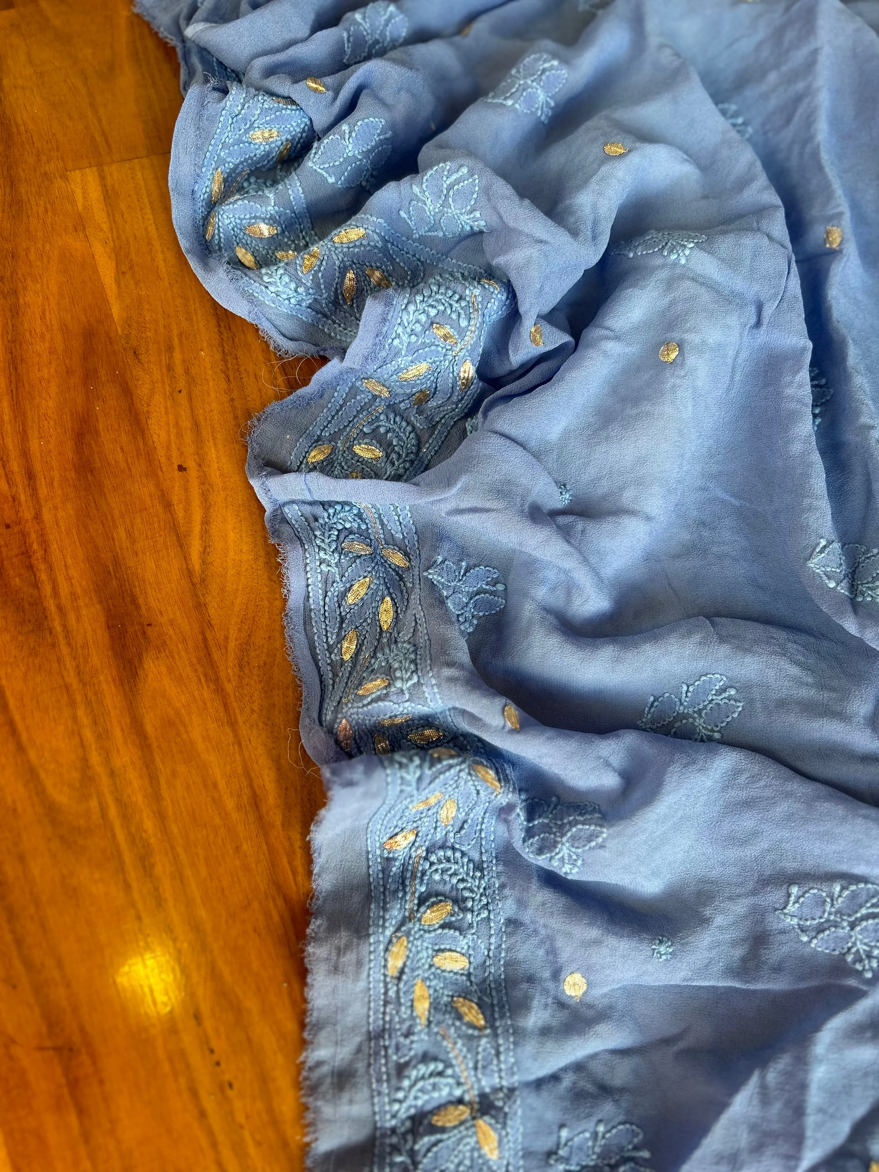 Powder Blue Viscose Georgette Unstitched Chikankari Gota Salwar Suit