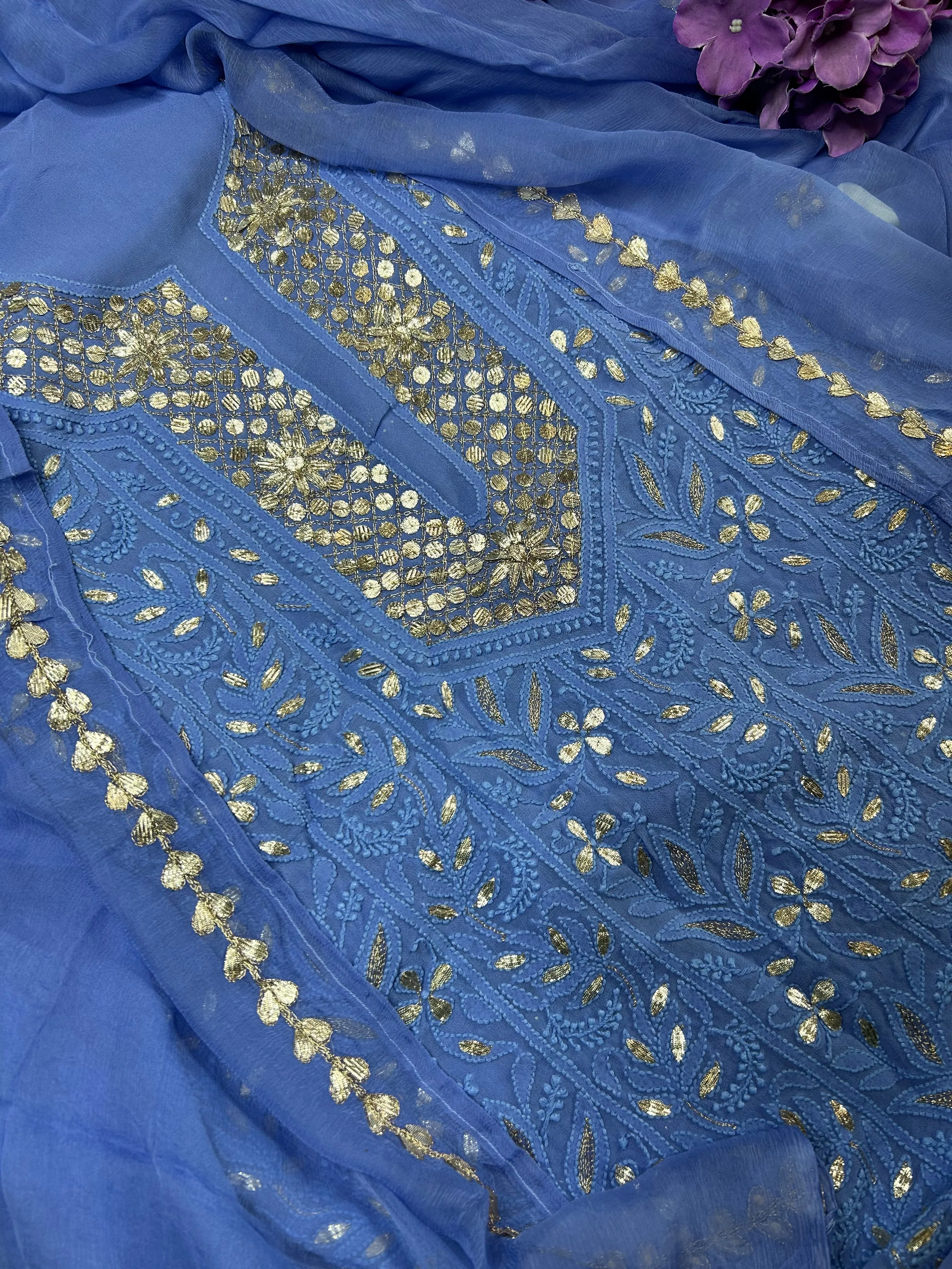 Powder Blue Viscose Georgette Unstitched Chikankari Gota Salwar Suit