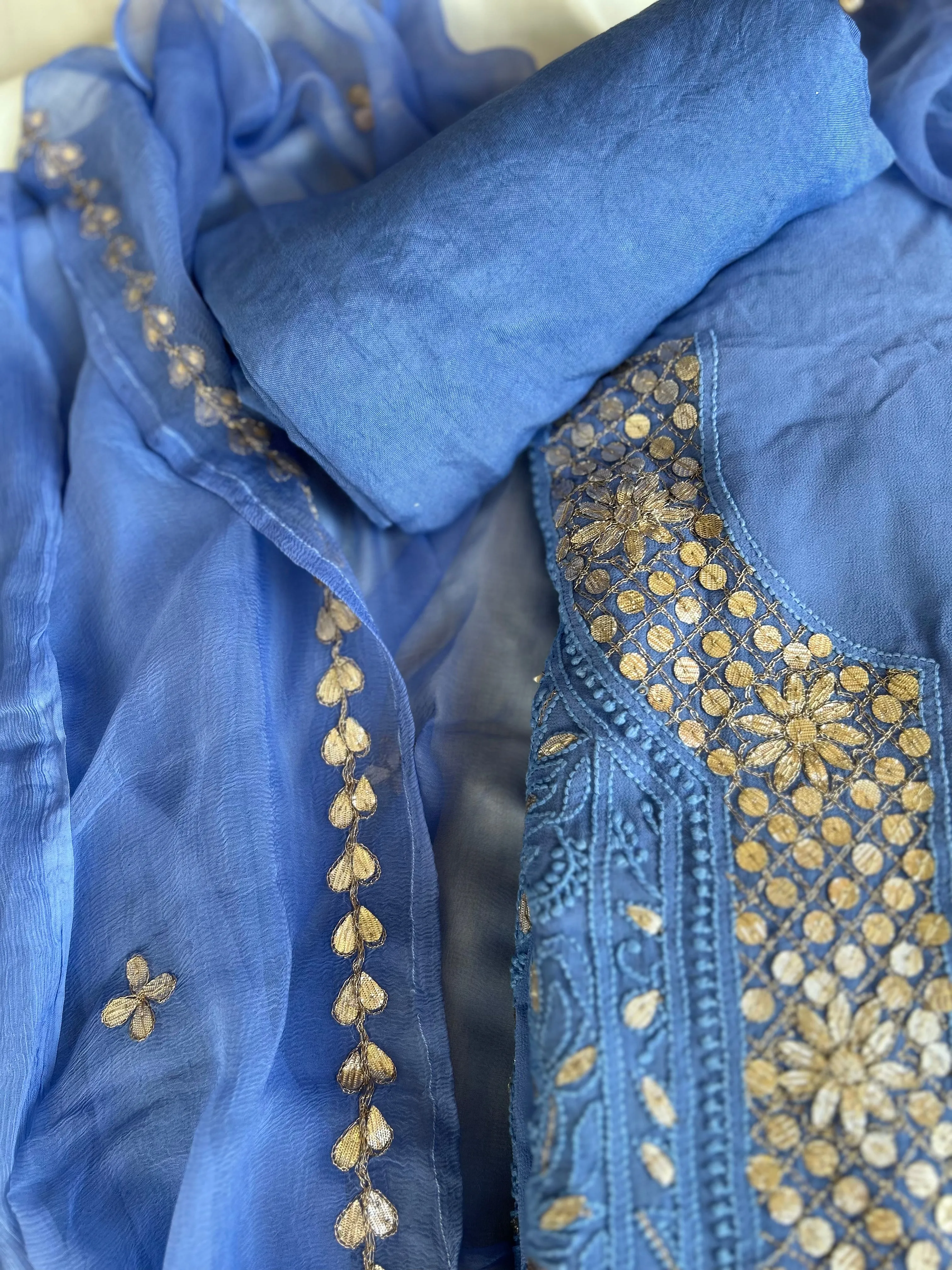 Powder Blue Viscose Georgette Unstitched Chikankari Gota Salwar Suit