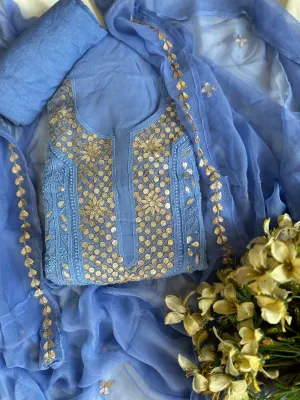Powder Blue Viscose Georgette Unstitched Chikankari Gota Salwar Suit