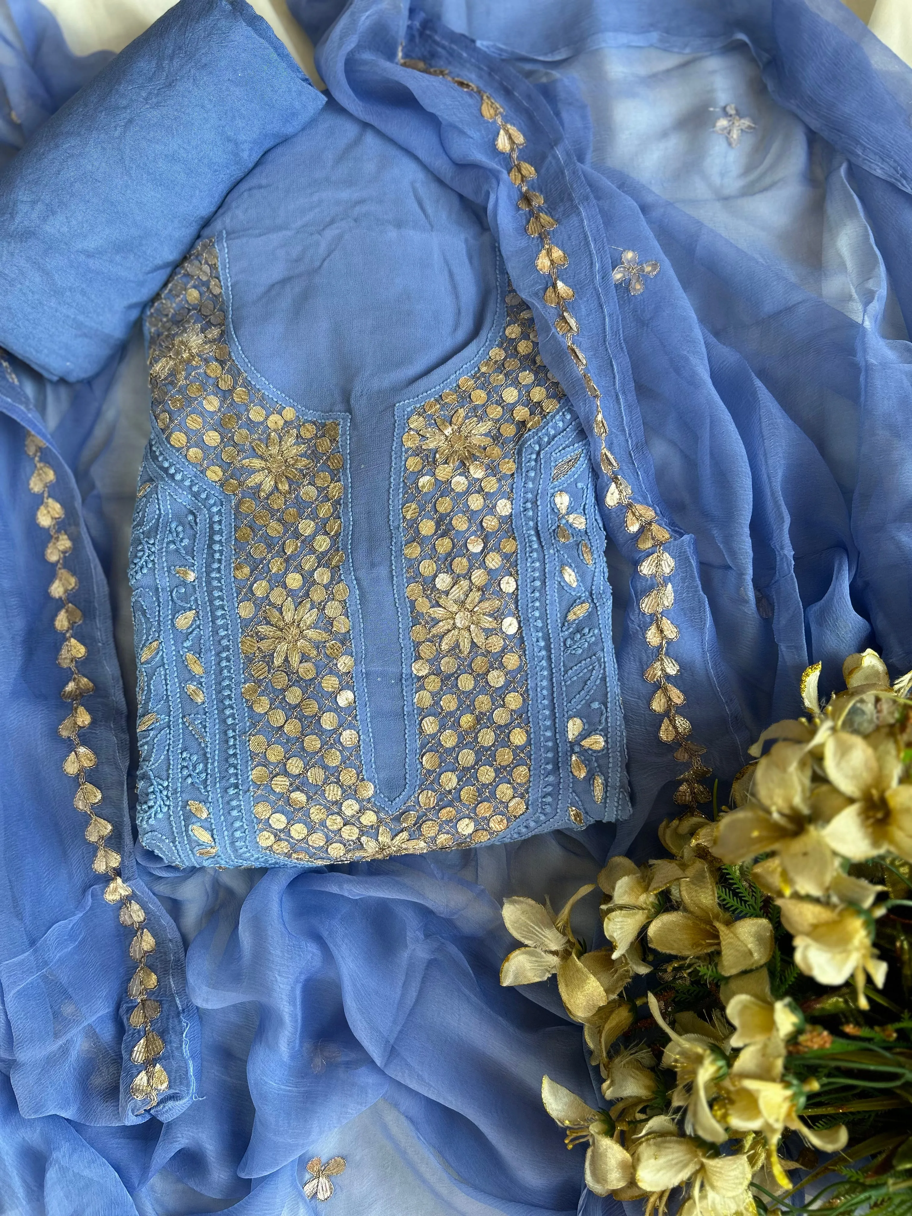 Powder Blue Viscose Georgette Unstitched Chikankari Gota Salwar Suit