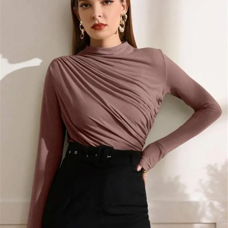 Power Pose Ruched High Neck Long Sleeve Blouse