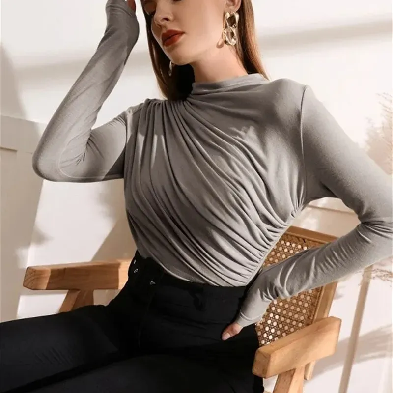 Power Pose Ruched High Neck Long Sleeve Blouse