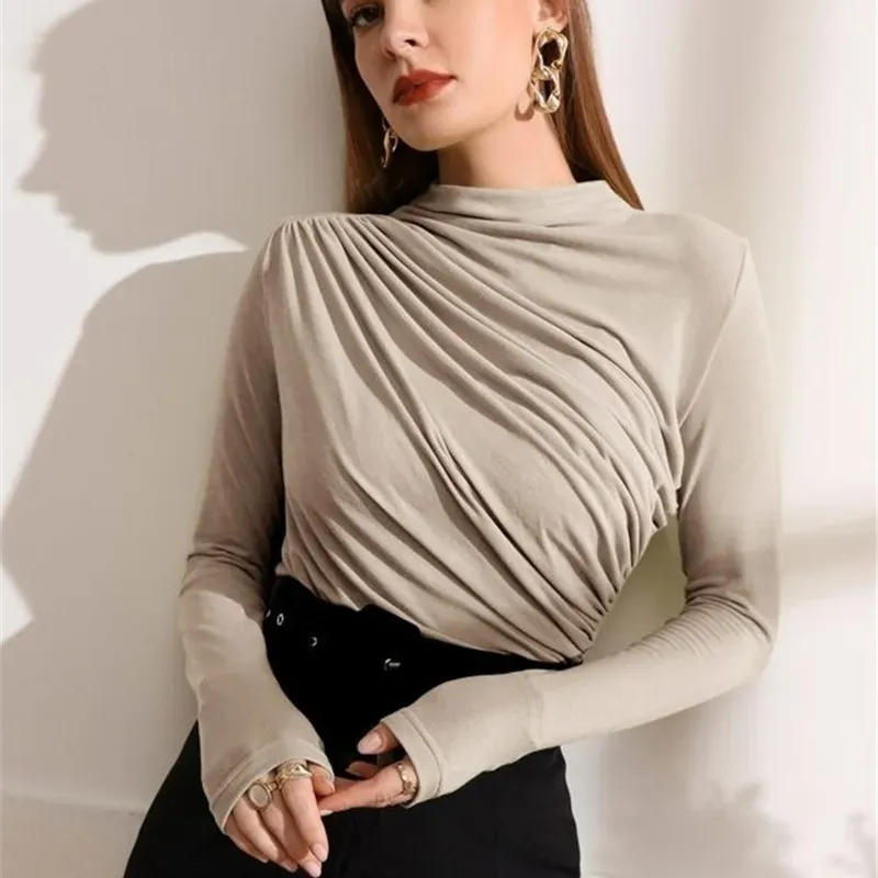 Power Pose Ruched High Neck Long Sleeve Blouse