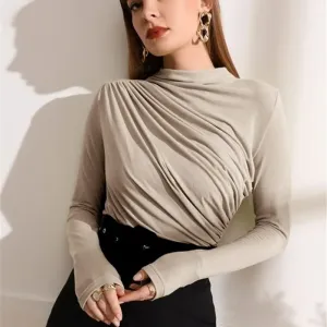 Power Pose Ruched High Neck Long Sleeve Blouse