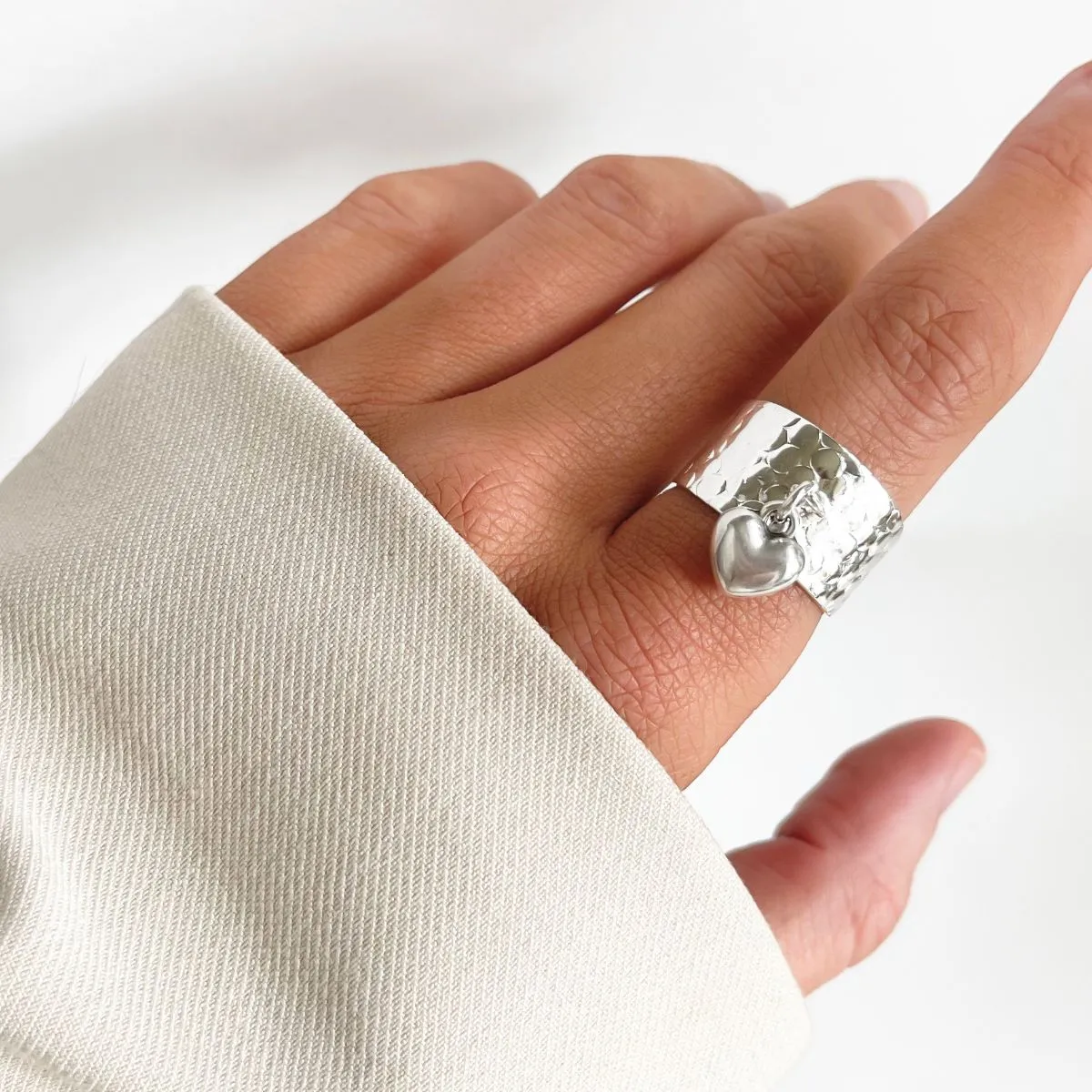 Puffed Heart Hammered Charm Ring