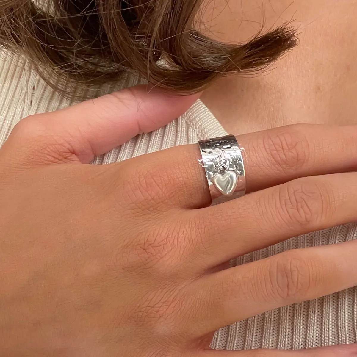Puffed Heart Hammered Charm Ring