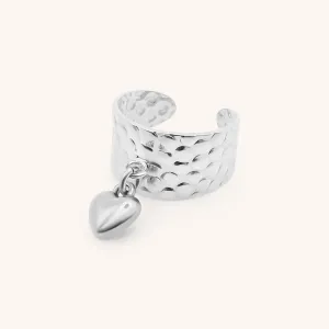 Puffed Heart Hammered Charm Ring