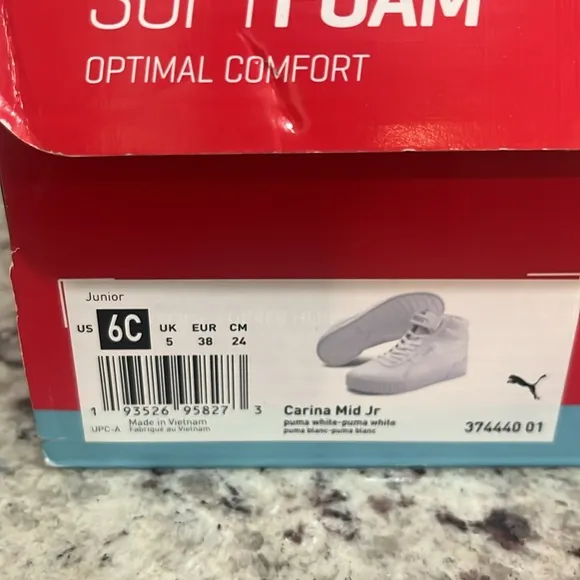 Puma Carina Mid Jr Girls sneaker size 6C White Softfoam Optimal Comfort