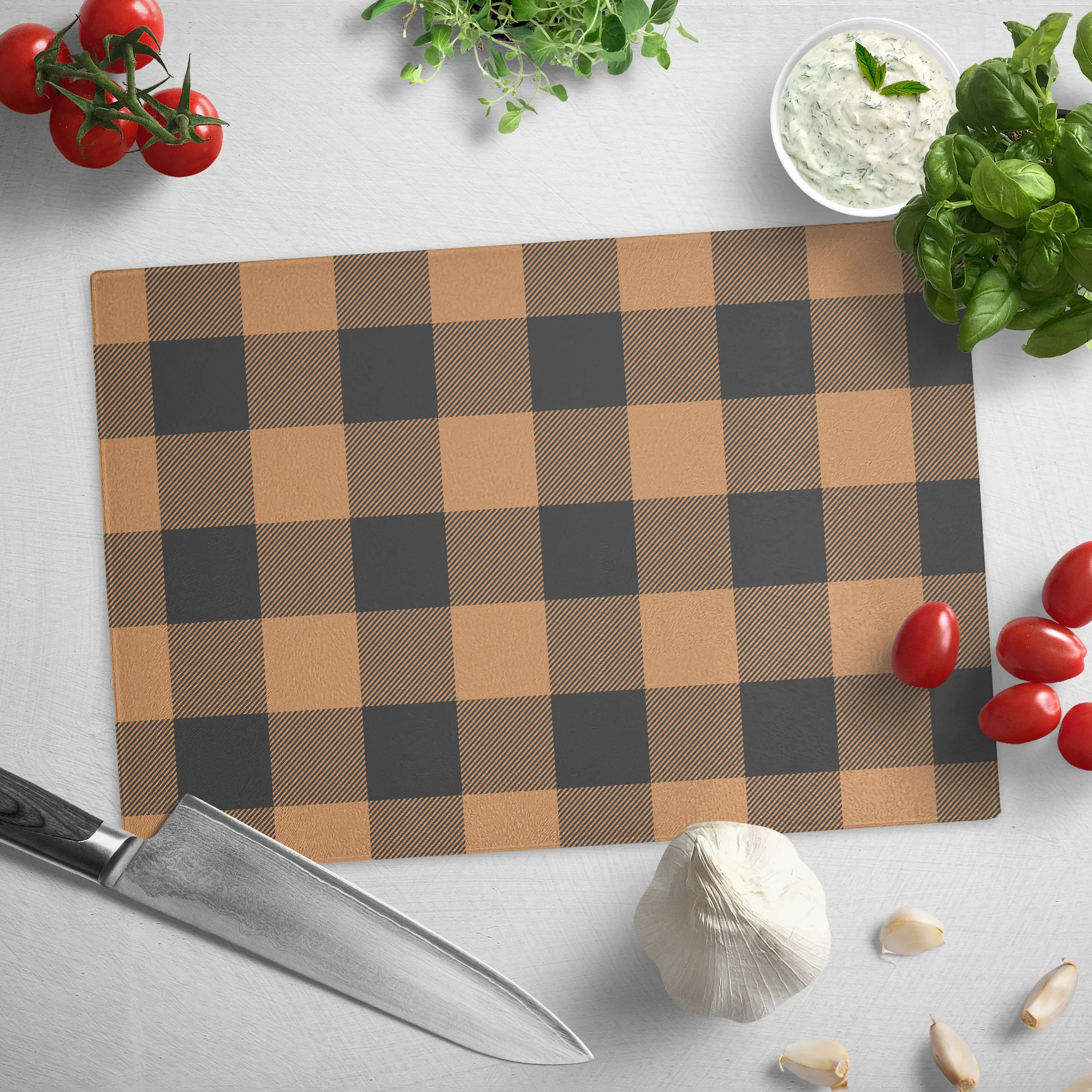Pumpkin Spice and Black Buffalo Plaid Tempered Glass Cutting Board Farmhouse Fall Decor